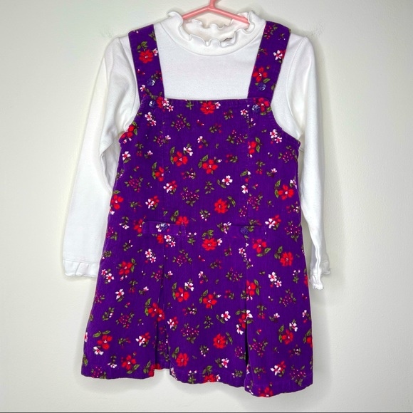 Vintage Corduroy Jumper Dress Floral Print white one piece bodysuit included 3t - Picture 1 of 10